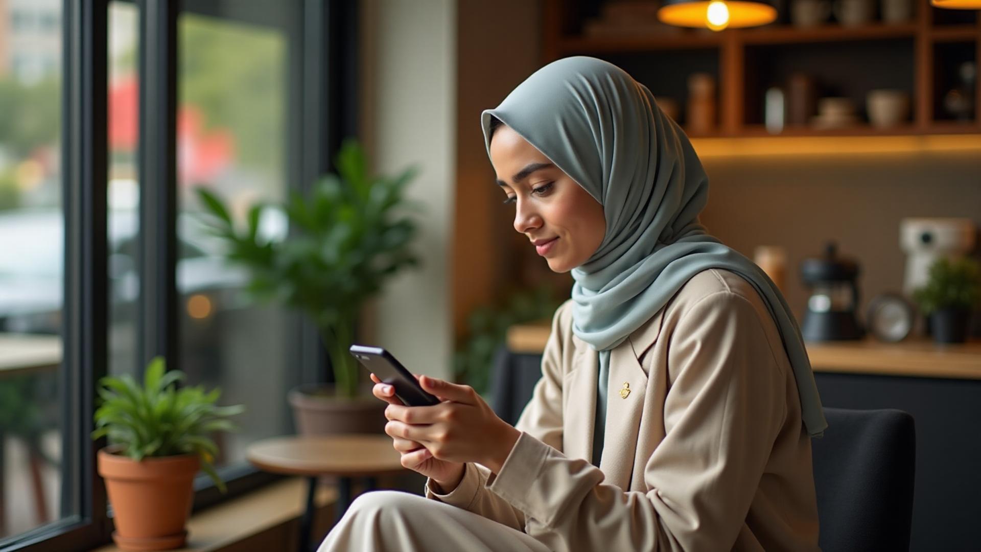 Young person learning Quran on mobile device in modern coffee shop